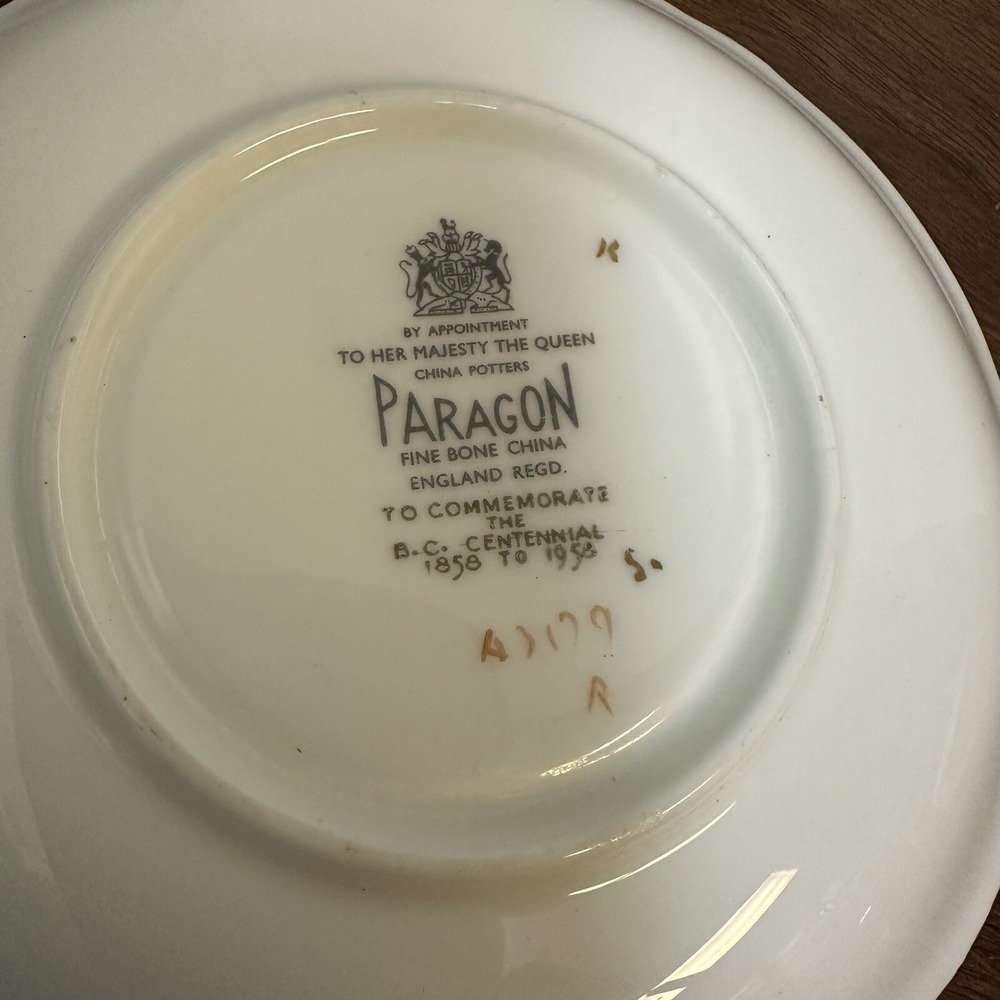 Paragon Teacup and Saucer Set Gold Blue Flower Dogwood 1958 Centennial - Picture 7 of 11